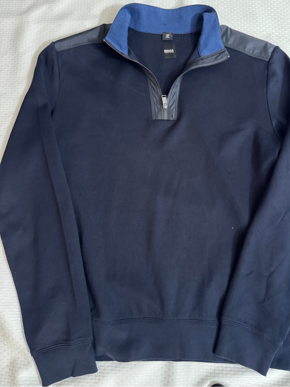 Boss Sidney Hybrid Quilted Trim Quarter Zip Navy Blue Pullover Sweater Medium
